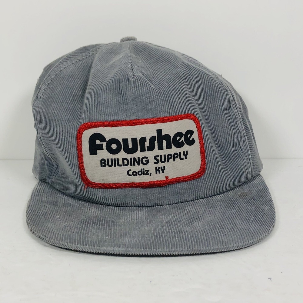 Vintage Fourshee Building Supply Cadiz, Kentucky Hat GREY‎ Corduroy 1980s Patch